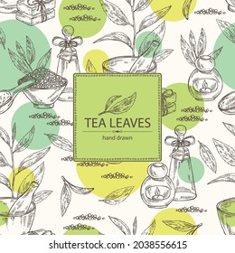 Background with tea: branch, tea leaves and bath salt, soap and beauty products. Green tea. Cosmetic, perfumery and medical plant. Vector hand drawn illustration.