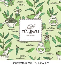 Background with tea: branch, tea leaves and bath salt, soap and beauty products. Green tea. Cosmetic, perfumery and medical plant. Vector hand drawn illustration.