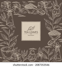 Background with tea: branch, tea leaves and bath salt, soap and beauty products. Green tea. Cosmetic, perfumery and medical plant. Vector hand drawn illustration.