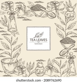 Background with tea: branch, tea leaves and bath salt, soap and beauty products. Green tea. Cosmetic, perfumery and medical plant. Vector hand drawn illustration.