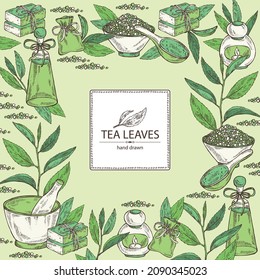 Background with tea: branch, tea leaves and bath salt, soap and beauty products. Green tea. Cosmetic, perfumery and medical plant. Vector hand drawn illustration.