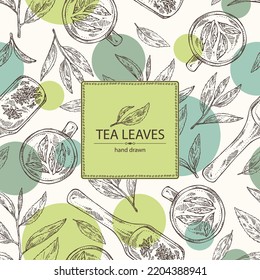 Background with tea: branch and tea leaves, a cup of tea and a teapot. Green tea. Vector hand drawn illustration. 