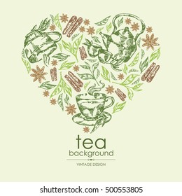 Background with tea, cup of tea cinnamon and kettle. hand drawn