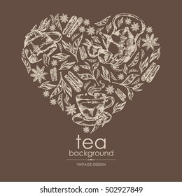 Background with tea, cup of tea cinnamon and kettle. hand drawn