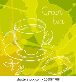 Background with a tea cup and lemon - vector