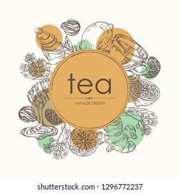 Background with tea, cup of tea, linden flower, lemon, ginger and honey. Vector hand drawn illustration