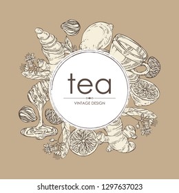 Background with tea, cup of tea, linden flower, lemon, ginger and honey. Vector hand drawn illustration
