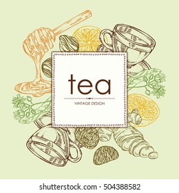 Background with tea, cup of tea, linden flower, lemon, ginger and honey. hand drawn