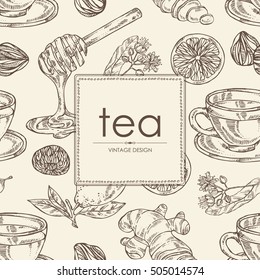 Background with tea, cup of tea, linden flower, lemon, ginger and honey. hand drawn