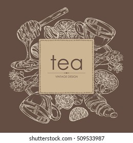 Background with tea, cup of tea, linden flower, lemon, ginger and honey. hand drawn