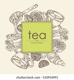 Background with tea, cup of tea, linden flower, lemon, ginger and honey. hand drawn