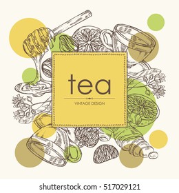 Background with tea, cup of tea, linden flower, lemon, ginger and honey. hand drawn