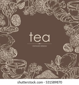 Background with tea, cup of tea, linden flower, lemon, ginger and honey. hand drawn