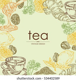 Background with tea, cup of tea, linden flower, lemon, ginger and honey. hand drawn