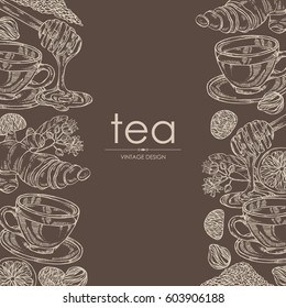 Background with tea, cup of tea, linden flower, lemon, ginger and honey. hand drawn