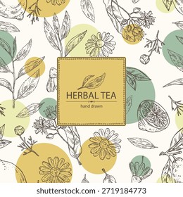 Fondo con té, fruta y corazones, té de hierbas: hojas de té, limón, flor de tilo, flor de manzanilla. Vector dibujado a mano ilustración.
