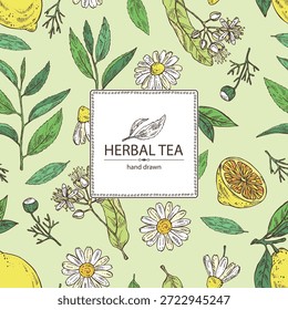 Fondo con té, fruta y corazones, té de hierbas: hojas de té, limón, flor de tilo, flor de manzanilla. Vector dibujado a mano ilustración.