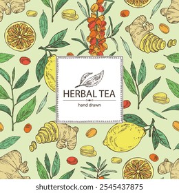 Background with tea, fruits and hearbs, herbal tea: tea leaves, lemon, ginger and sea buckthorn. Vector hand drawn illustration.