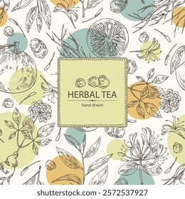 Background with tea, fruits and hearbs, herbal tea: tea leaves, ginseng root, chinese honeysuckle flowers, lonicera pileata, yuzu fruit, citrus junos. Vector hand drawn illustration.