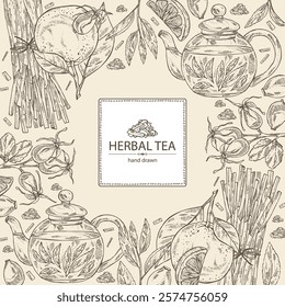 Background with tea, fruits and hearbs, herbal tea: tea leaves, ogange, lemongrass and rose hip. Vector hand drawn illustration.