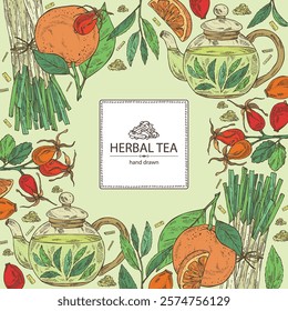 Background with tea, fruits and hearbs, herbal tea: tea leaves, ogange, lemongrass and rose hip. Vector hand drawn illustration.