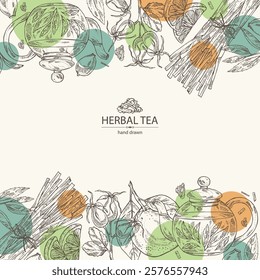 Background with tea, fruits and hearbs, herbal tea: tea leaves, ogange, lemongrass and rose hip. Vector hand drawn illustration.