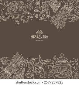 Background with tea, fruits and hearbs, herbal tea: tea leaves, ogange, lemongrass and rose hip. Vector hand drawn illustration.