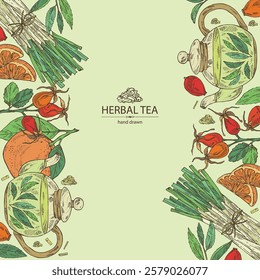 Background with tea, fruits and hearbs, herbal tea: tea leaves, ogange, lemongrass and rose hip. Vector hand drawn illustration.