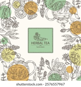 Background with tea and hearbs, herbal tea: tea leaves, linden flower, thyme, calendula. Vector hand drawn illustration.