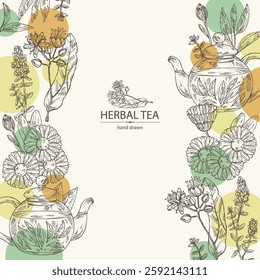 Background with tea and hearbs, herbal tea: tea leaves, linden flower, thyme, calendula. Vector hand drawn illustration.