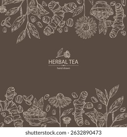 Fondo con té y corazones, té de hierbas: hojas de té, raíz de cúrcuma, equinácea y alholva marina. Vector dibujado a mano ilustración.
