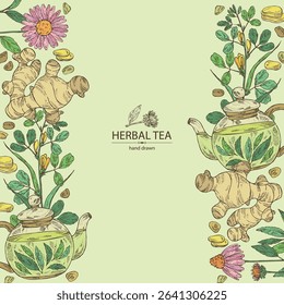 Background with tea and hearbs, herbal tea: tea leaves, ginger root, echinacea and fenugreek. Vector hand drawn illustration.