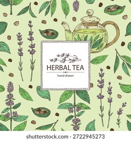 Fundo com chá e corações, chá de ervas: folhas de chá, folhas de hortelã, flor de lavanda, cardamomo. Ilustração desenhada à mão vetorial.