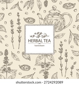 Fondo con té y corazones, té de hierbas: hojas de té, hojas de menta, flor de lavanda, cardamomo. Vector dibujado a mano ilustración.