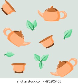 A background with tea leaves, cups and teapots.