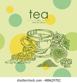 Background with tea, linden flower, lemon, cup of tea and honeycomb . hand drawn