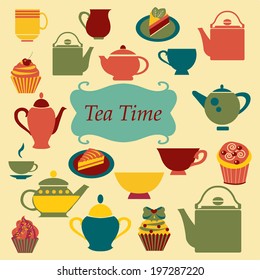 Background of Tea Time , Tea cups, pots  and  of Cupcakes Dessert- Illustration - Shutterstock ID 197287220