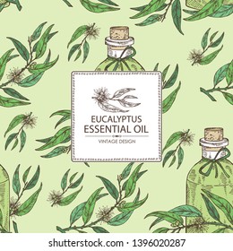 Background with tea tree and bottle of essential oil. Cosmetic, perfumery and medical plant. Vector hand drawn illustration