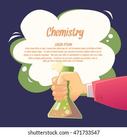 Background for the teaching of chemistry in a fun cartoon style. Vector illustration with supplies for chemistry lessons