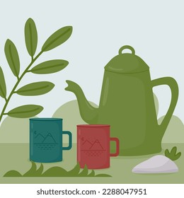 Background with a teapot and colorful camping mugs in nature among plants. Travel, hiking. Vector illustration in a flat style.