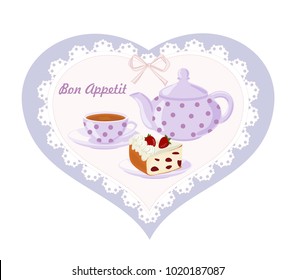 Background with teapot, Cup and cakes. Card with lace in polka dot in the frame heart.