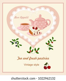 Background with teapot, Cup and cakes. Card with lace in polka dot in the frame heart.