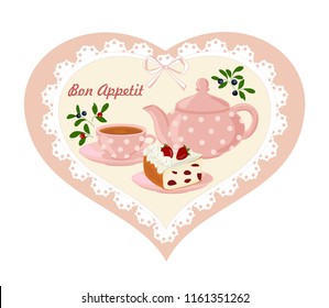 Background with teapot, Cup and cakes. Card with lace in polka dot in the frame heart.