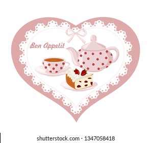 Background with teapot, Cup and cakes. Card with lace in polka dot in the frame heart.