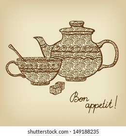 Background with teapot, cup and sugar - vector