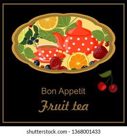 Background with teapot, cups, citrus, berries and tea leaves. Can be used as invitation, menu, label.