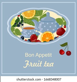 Background with teapot, cups, citrus, berries and tea leaves. Can be used as invitation, menu, label.