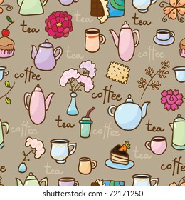 Background with teapots, coffepots, cups and sweets