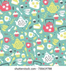 Background with Teapots, Cups, Lemon, Flowers and Leaves.