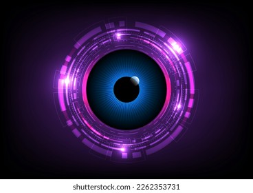 Tecnología de fondo ojos azules abstractos Círculos tecnológicos de varios tamaños en líneas y puntos de color rosa resplandecer en un fondo degradado púrpura